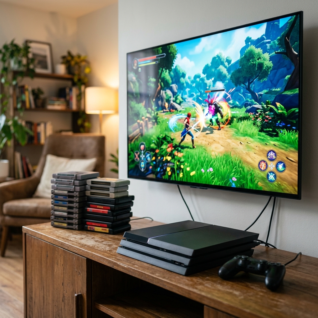 Console Nintendo Switch 2 com um jogo moderno na tela e cartuchos de jogos do Switch original ao fundo, representando a retrocompatibilidade.