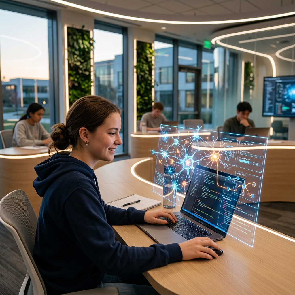 Estudante brasileiro interagindo com uma interface de aprendizado de programacao personalizada por inteligencia artificial em um laptop, em um ambiente de estudo moderno.