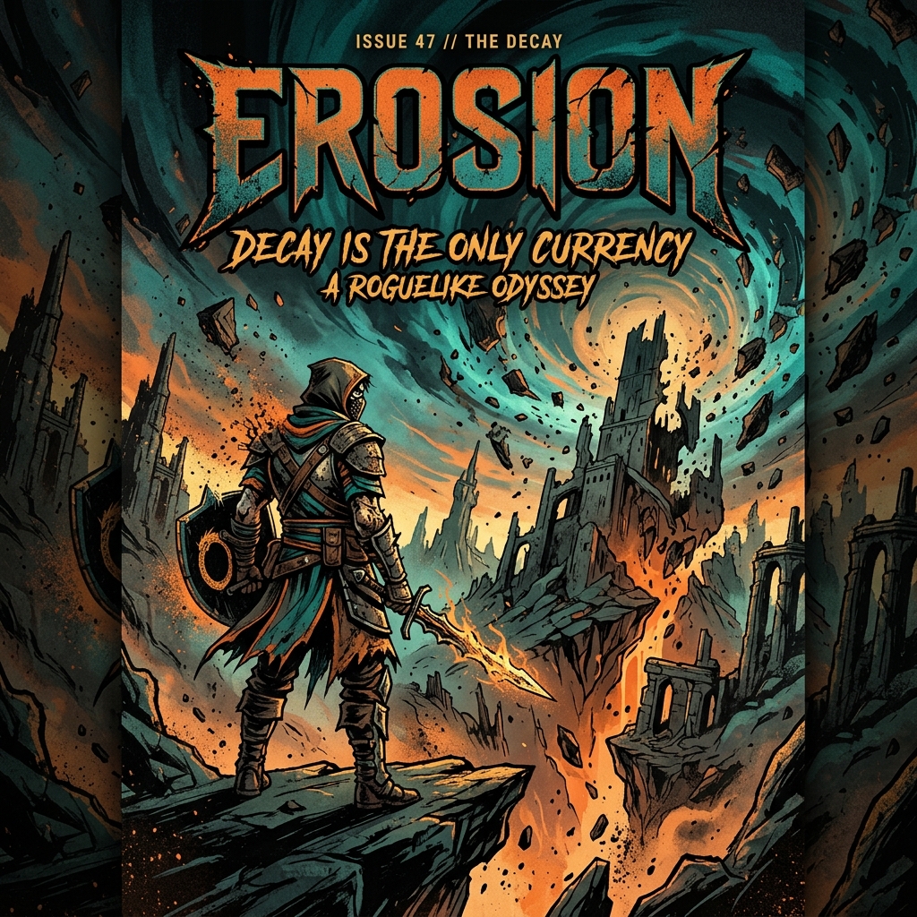 Intense roguelike art for Erosion featuring a character in a decaying world.