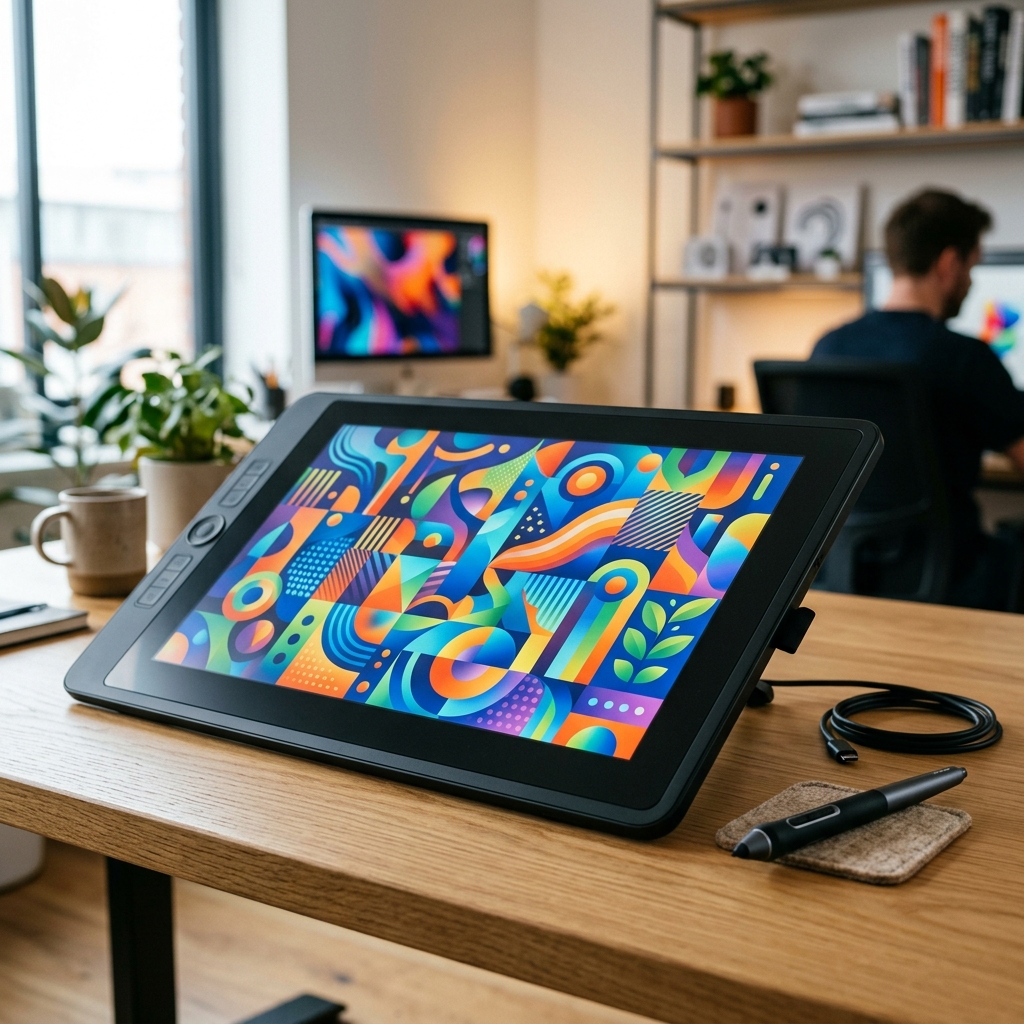 Tablet grafico mostrando formas vetorizadas geradas por inteligencia artificial em estudio moderno