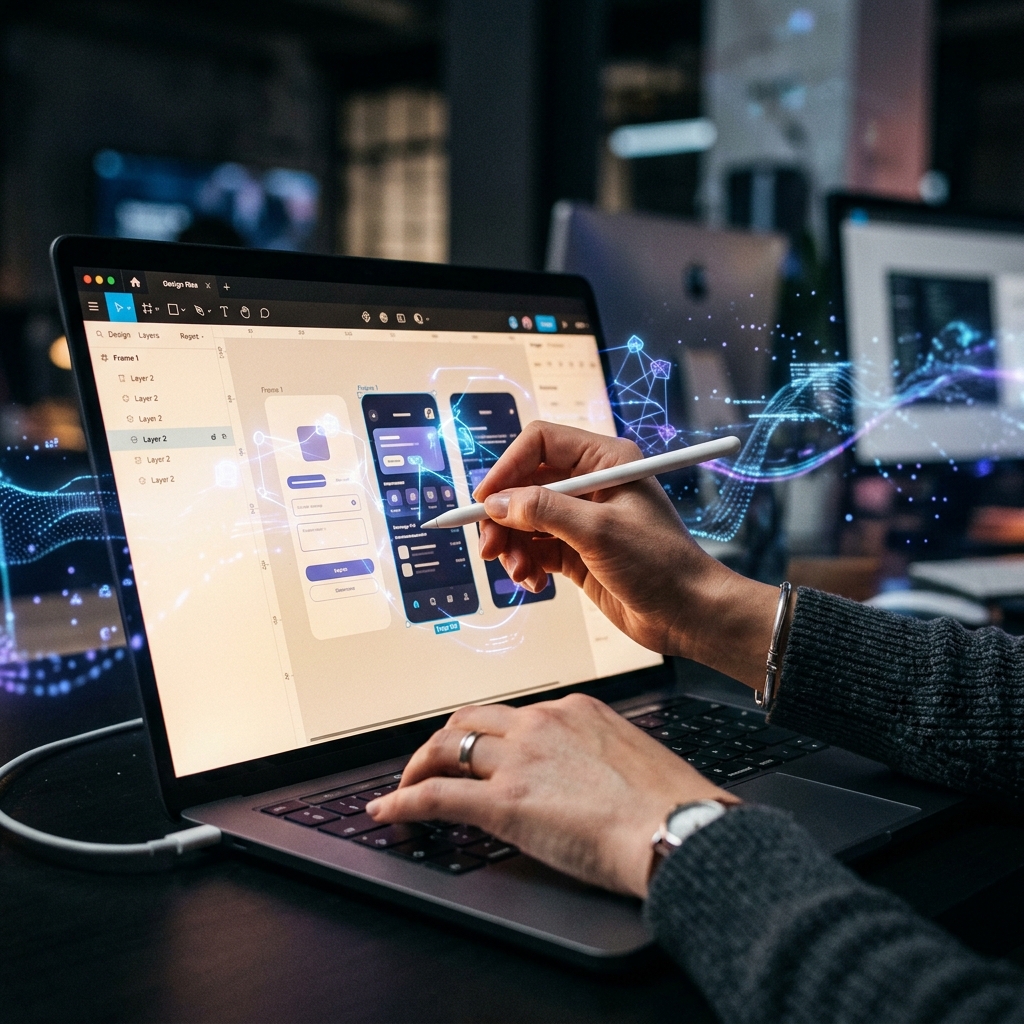 Maos de um designer interagindo com uma interface do Figma em uma tela, com elementos sutis de inteligencia artificial e fluxos de dados ao fundo, simbolizando a fusao de design e tecnologia.