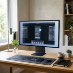 Monitor de computador exibindo uma interface de design minimalista com paineis flutuantes em uma mesa de trabalho organizada.