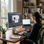 Monitor de computador mostrando uma interface de design moderna e minimalista com paineis flutuantes em um ambiente de escritorio iluminado.