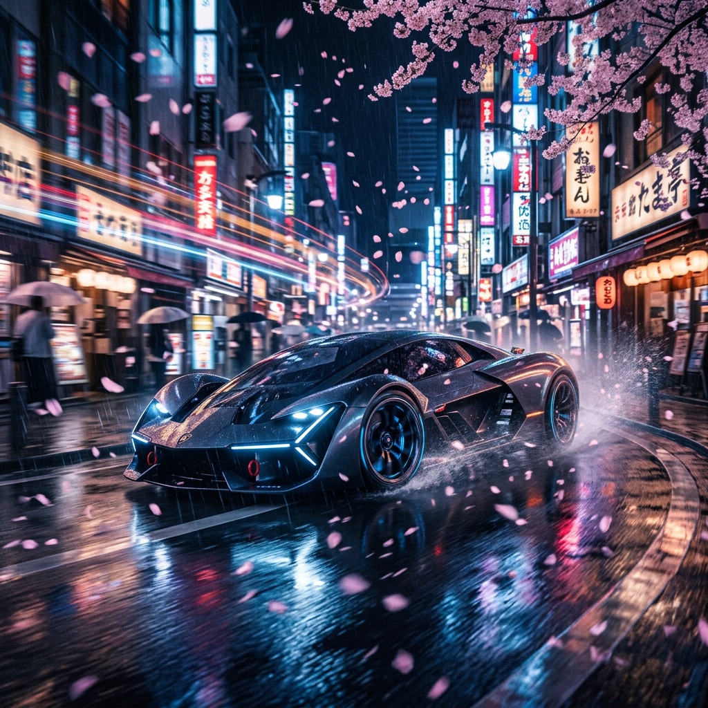 Carro de corrida em alta velocidade passando por uma paisagem japonesa com cerejeiras e arquitetura tradicional.