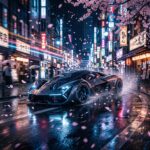 Carro de corrida em alta velocidade passando por uma paisagem japonesa com cerejeiras e arquitetura tradicional.