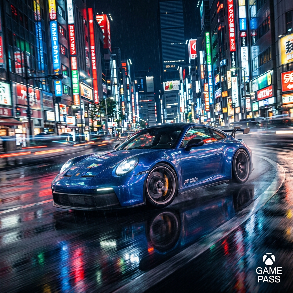 Carros de corrida em alta velocidade em uma estrada pitoresca no Japao, com cerejeiras em flor e montanhas ao fundo, para Forza Horizon 6.