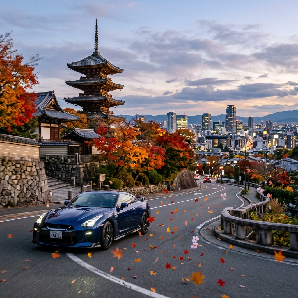 Um carro esportivo de alta performance em uma paisagem japonesa que mistura templos tradicionais e arranha-ceus modernos, com petalas de cerejeira caindo no outono.