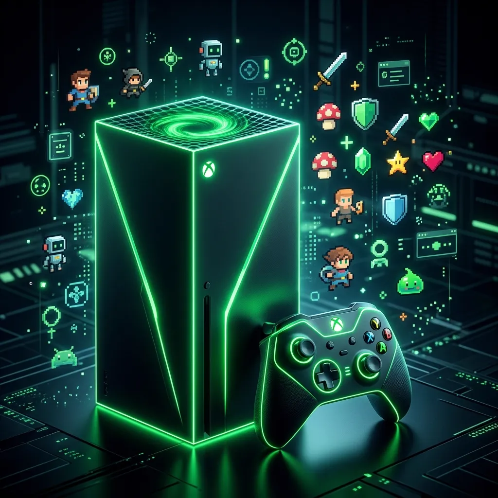 Personagem estilizado de jogo indie celebrando o lancamento no Game Pass, com elementos de interface de console ao fundo.