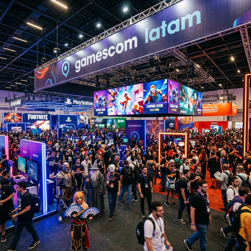 Vista panoramica de um salao de convencao de jogos em Sao Paulo, lotado de visitantes, com luzes de telas e uma atmosfera vibrante de evento de games.