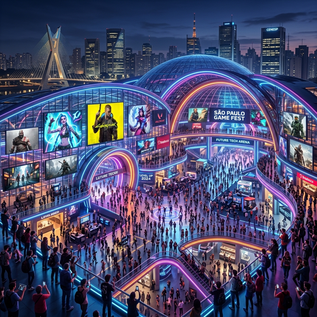 Centro de convenções futurista da Gamescom Latam 2026 em São Paulo.