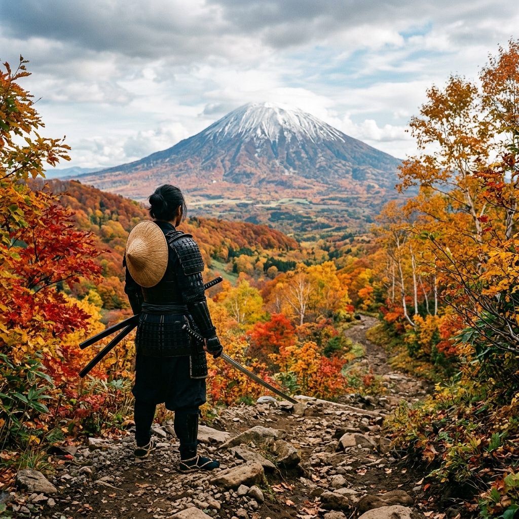 Guerreira Atsu olhando para o Monte Yotei com folhas vermelhas de outono ao redor, estilo fotografia editorial