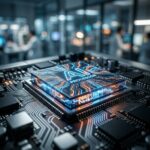 Representacao conceitual de um microchip de alta velocidade brilhando em azul e laranja, simbolizando o processamento rapido do Gemini 3.5 Flash.