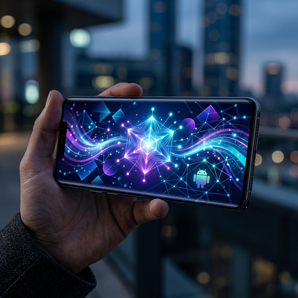 Smartphone moderno exibindo interface conceitual do Android 17 com elementos luminosos de inteligencia artificial.