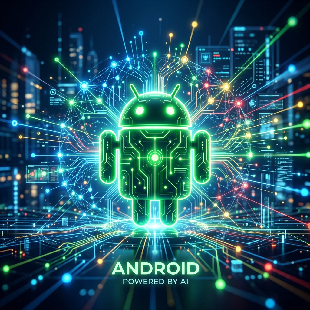 Logo do Android integrado a redes de inteligência artificial.