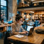 Pessoa estudando em um notebook com elementos holograficos de IA, simbolizando o aprendizado de tecnologia e carreira.