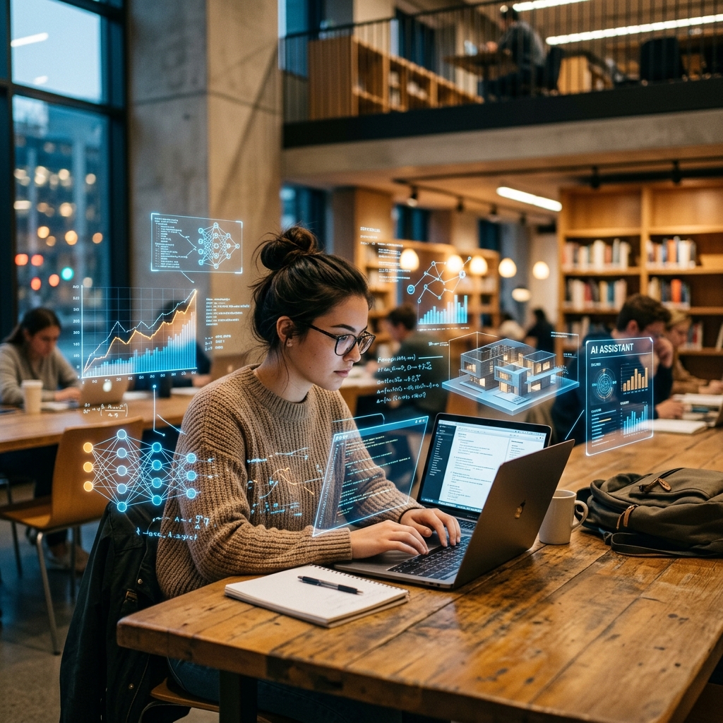 Pessoa estudando em um notebook com elementos holograficos de IA, simbolizando o aprendizado de tecnologia e carreira.