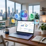 Uma pessoa trabalhando em um computador, com elementos visuais de inteligencia artificial e graficos de produtividade flutuando ao redor, em um ambiente de escritorio moderno, simbolizando as novas ferramentas do Google Workspace.