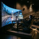 Cockpit de simracing profissional posicionado em um palco de teatro moderno com uma tela gigante exibindo uma corrida virtual ao entardecer.