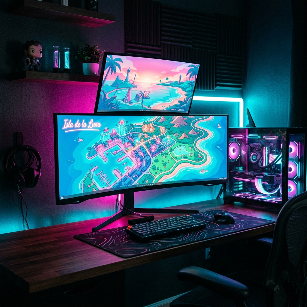 Computador de jogos de alto desempenho brilhando em tons de neon em um quarto escuro, exibindo um mapa na tela.