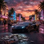 Carro de luxo em Vice City com pilhas de dólares no chão, rumor de preço de GTA VI