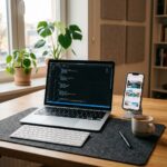Espaço de trabalho moderno com notebook exibindo códigos de programação e um celular mostrando a interface de um aplicativo web responsivo.