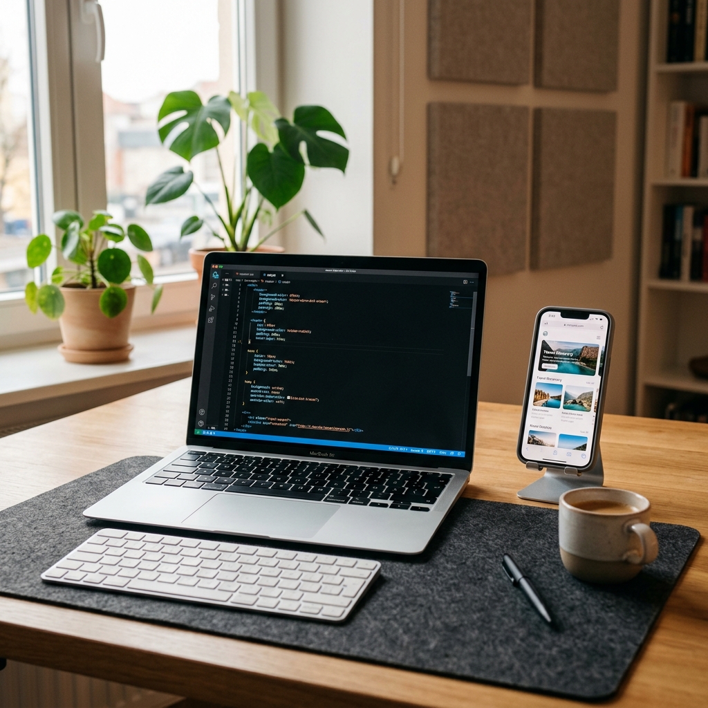 Espaço de trabalho moderno com notebook exibindo códigos de programação e um celular mostrando a interface de um aplicativo web responsivo.