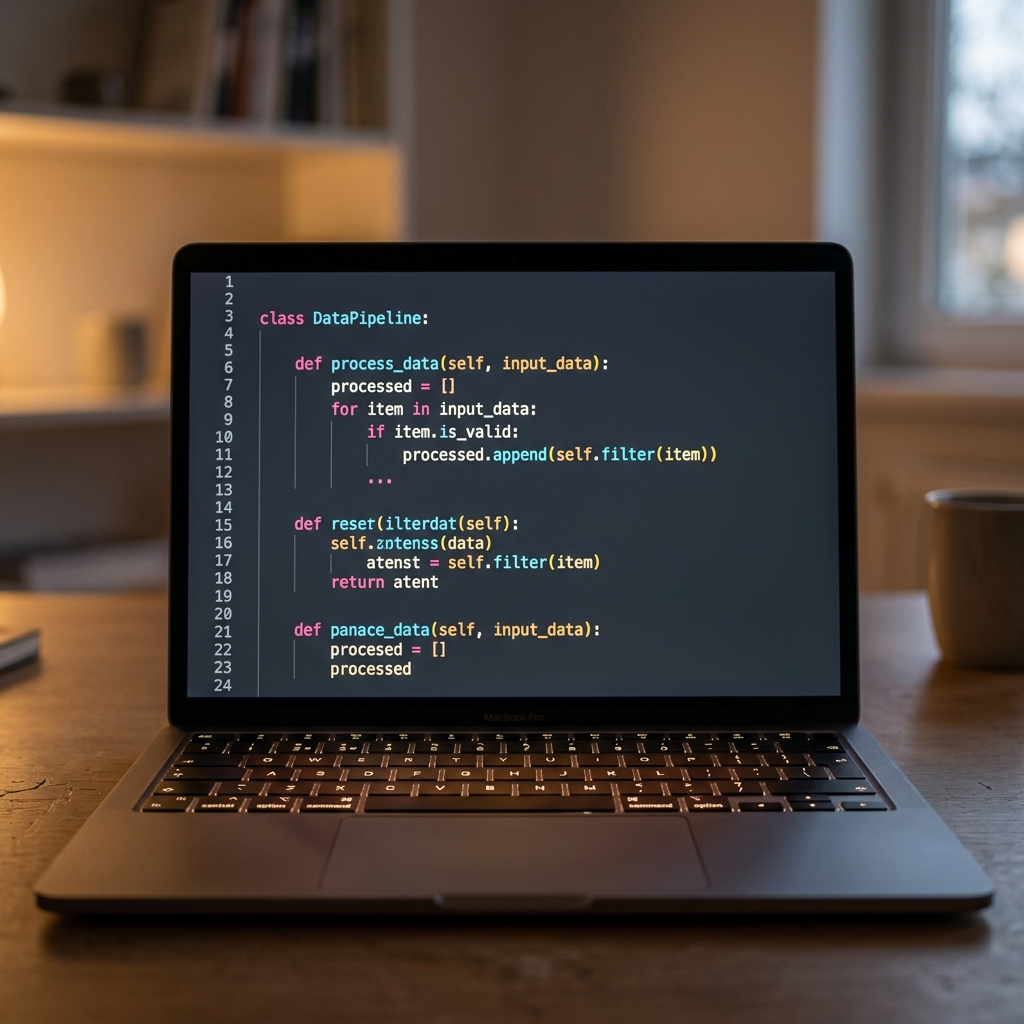 Tela de notebook exibindo codigo de programacao colorido em editor moderno