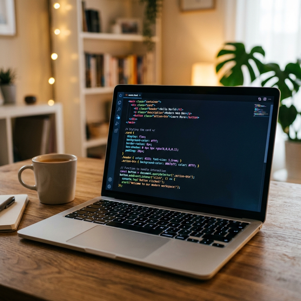 Laptop aberto em uma mesa minimalista exibindo linhas de codigo coloridas de HTML e CSS, com fundo suavemente desfocado.