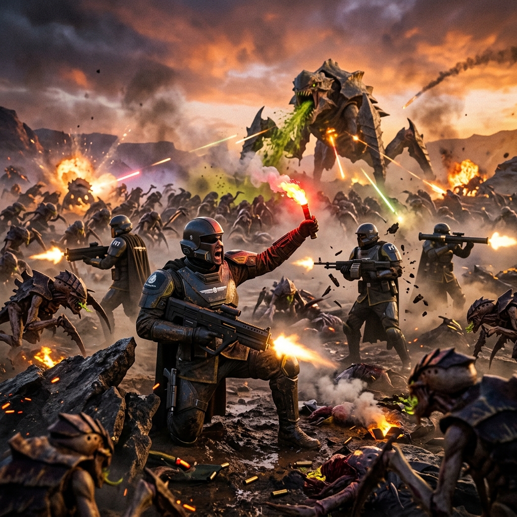 Soldados de Helldivers 2 em combate intenso contra ameacas alienigenas em um planeta hostil, com explosões e tiros em um cenario dramatico.