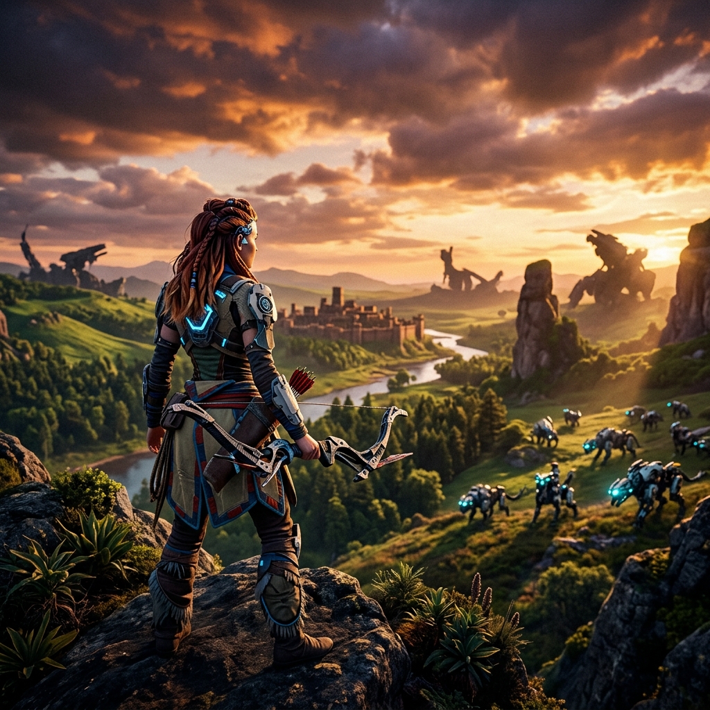 Aloy, a cacadora protagonista de Horizon, observa um vasto mundo futurista com maquinas ao fundo.