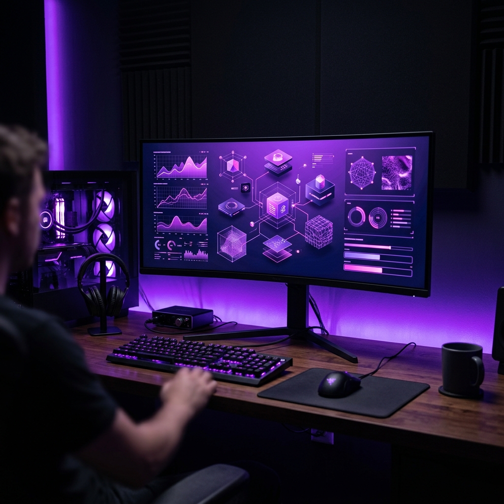 Monitor de computador mostrando renderizacao off-line de componentes visuais em estudio iluminado por neon