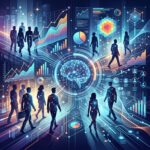 Ilustracao abstrata de inteligencia artificial analisando dados de comportamento de usuarios em uma tela futurista, com elementos graficos e de interface de usuario.