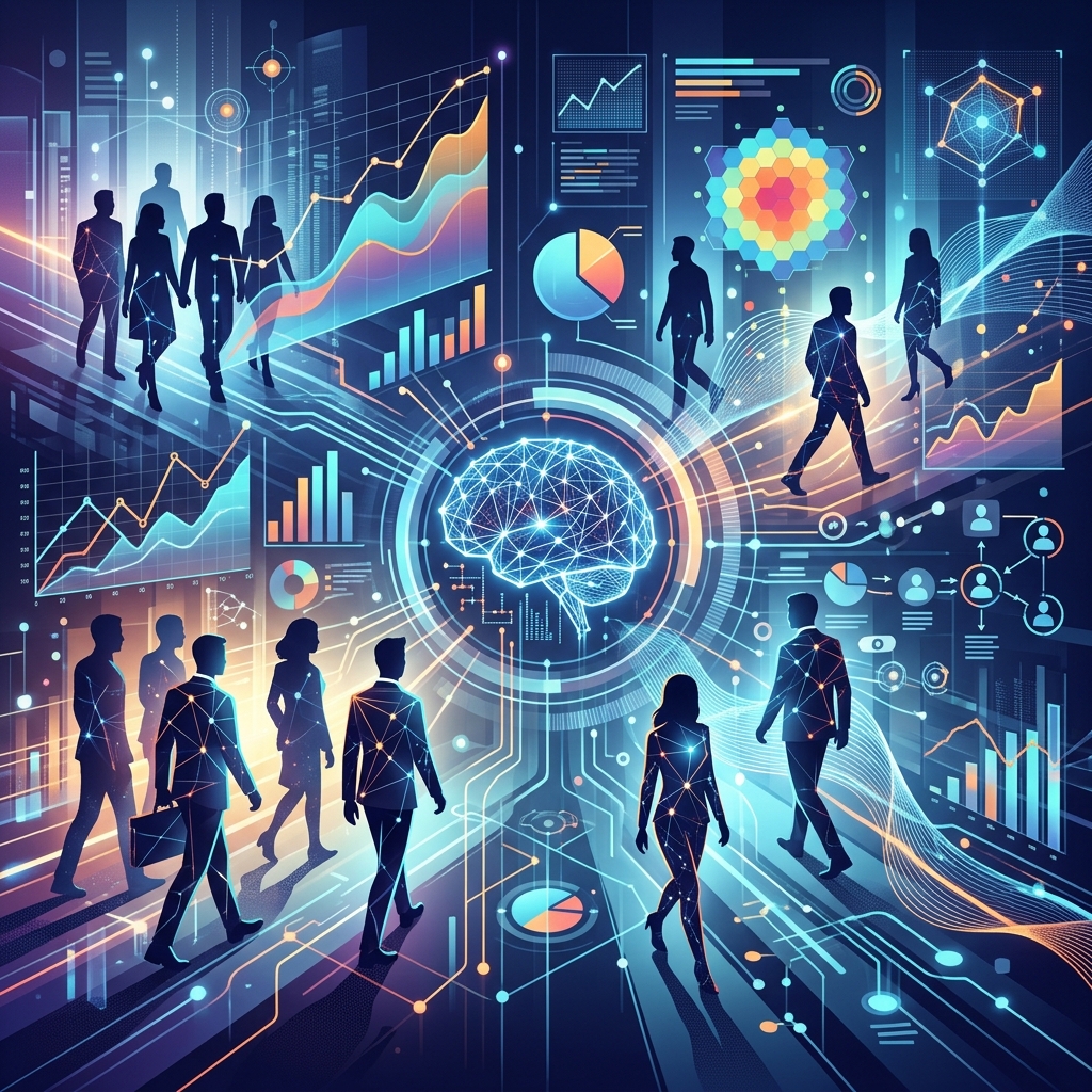 Ilustracao abstrata de inteligencia artificial analisando dados de comportamento de usuarios em uma tela futurista, com elementos graficos e de interface de usuario.