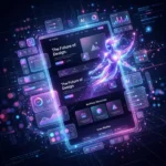Interface de web design futurista com elementos de IA, mostrando fluxo de dados abstrato e maos de designer interagindo com uma tela holografica.