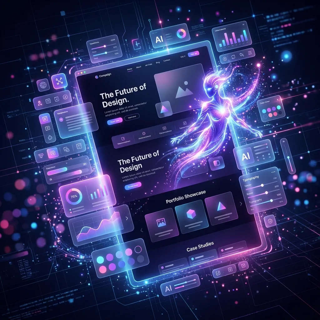 Interface de web design futurista com elementos de IA, mostrando fluxo de dados abstrato e maos de designer interagindo com uma tela holografica.