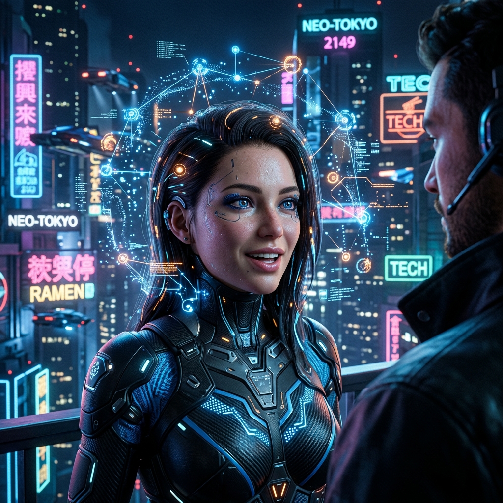 Personagem de videogame com aura digital simbolizando inteligência artificial.