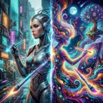 Um designer grafico futurista interagindo com ferramentas de geracao de imagem por inteligencia artificial em uma interface holografica, simbolizando a evolucao e acessibilidade da IA para criacao visual.