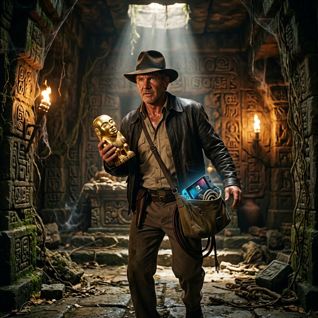Indiana Jones explorando ruinas antigas, com um chicote, e um elemento sutil de tecnologia futurista ao fundo, representando a possivel chegada do jogo ao Nintendo Switch 2.