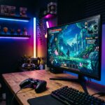 Controle de videogame sobre uma mesa de madeira com monitor exibindo um jogo indie colorido em um setup moderno.