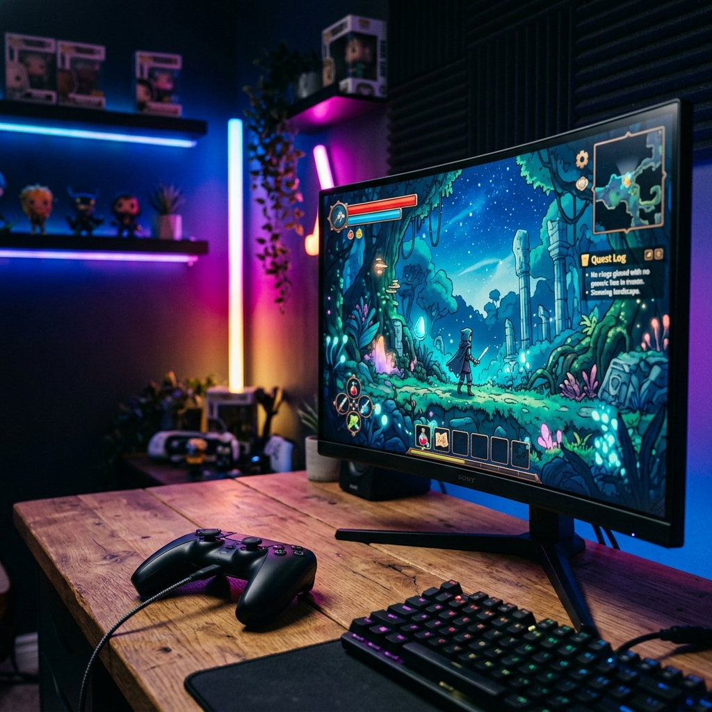 Controle de videogame sobre uma mesa de madeira com monitor exibindo um jogo indie colorido em um setup moderno.