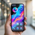 Tela de um iPhone exibindo o novo design Liquid Glass do iOS 20, com icones de aplicativos refinados e efeitos visuais fluidos, destacando a estetica moderna do sistema operacional.