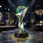 Trofeu de premiacao de jogos com detalhes em verde e amarelo em design moderno
