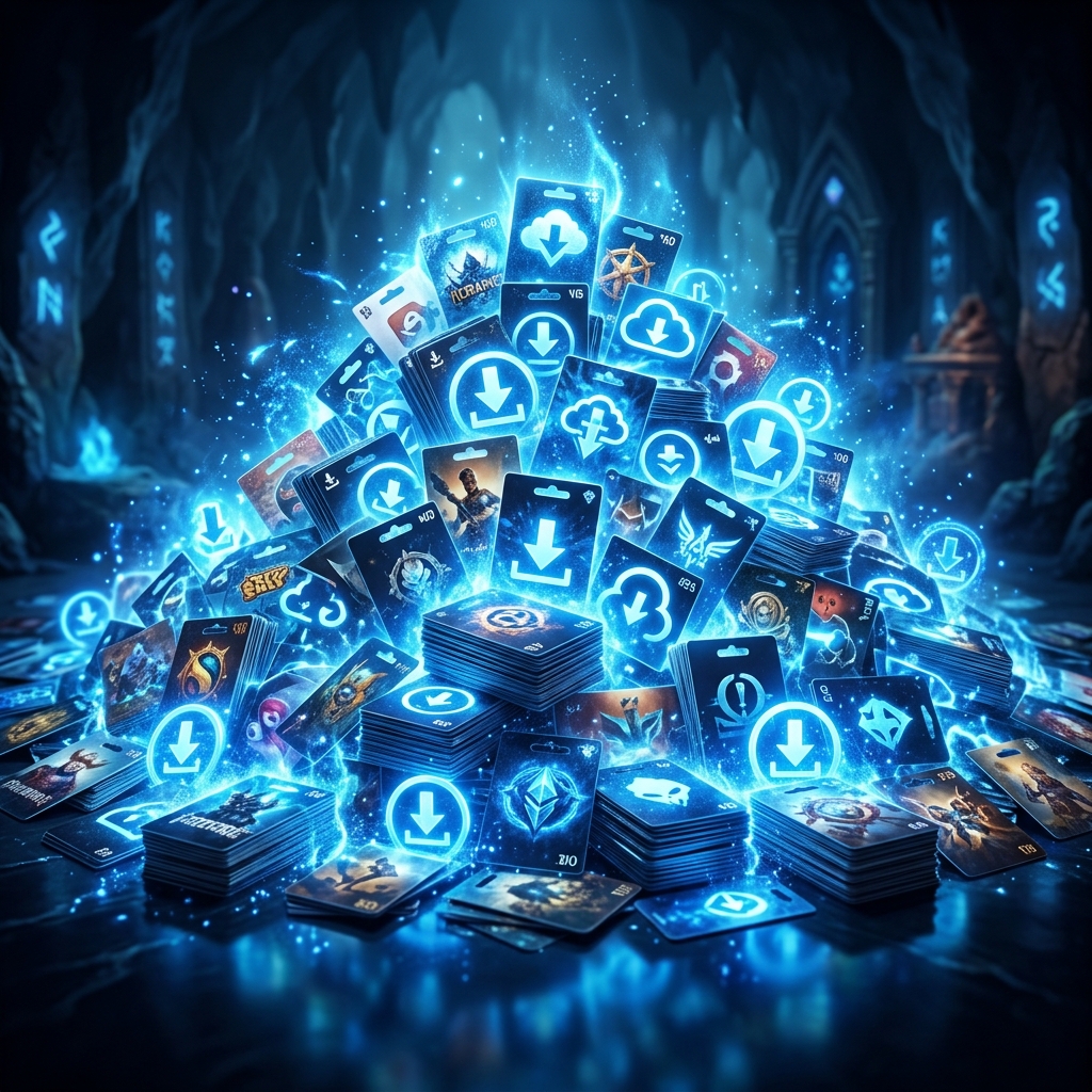 Uma pilha de caixas de jogos de PC e icones de download digital, com efeitos de brilho, simbolizando jogos gratuitos disponiveis em maio de 2026.