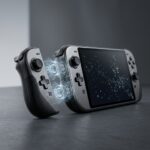 Ilustracao conceitual de um controle de videogame se aproximando da lateral de um console portatil, com linhas de forca magnetica indicando o encaixe.