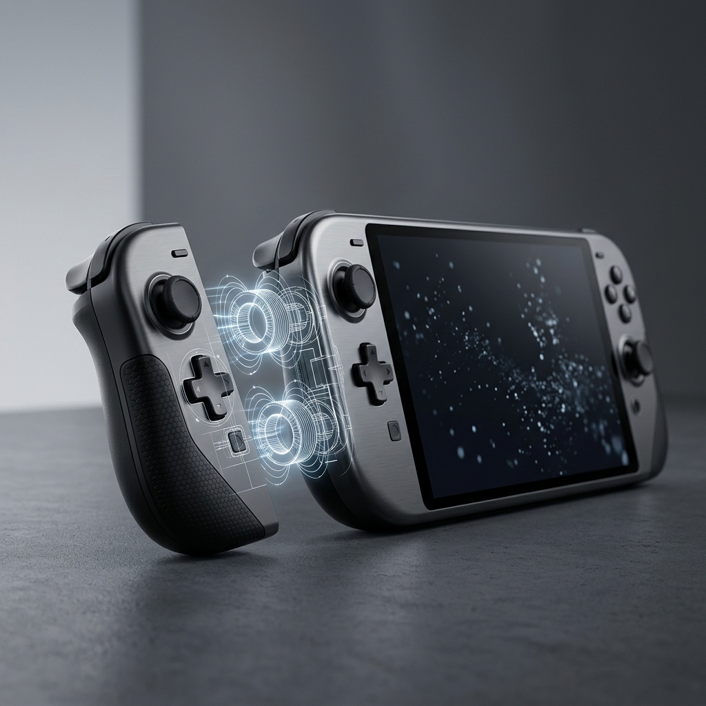 Ilustracao conceitual de um controle de videogame se aproximando da lateral de um console portatil, com linhas de forca magnetica indicando o encaixe.