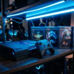 Controle e midias de jogos em prateleira moderna iluminada com neon azul
