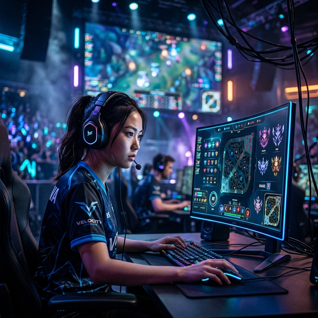 Jogador de League of Legends em frente a um monitor, com elementos visuais de ranqueadas e uma expressao pensativa sobre o futuro do sistema.