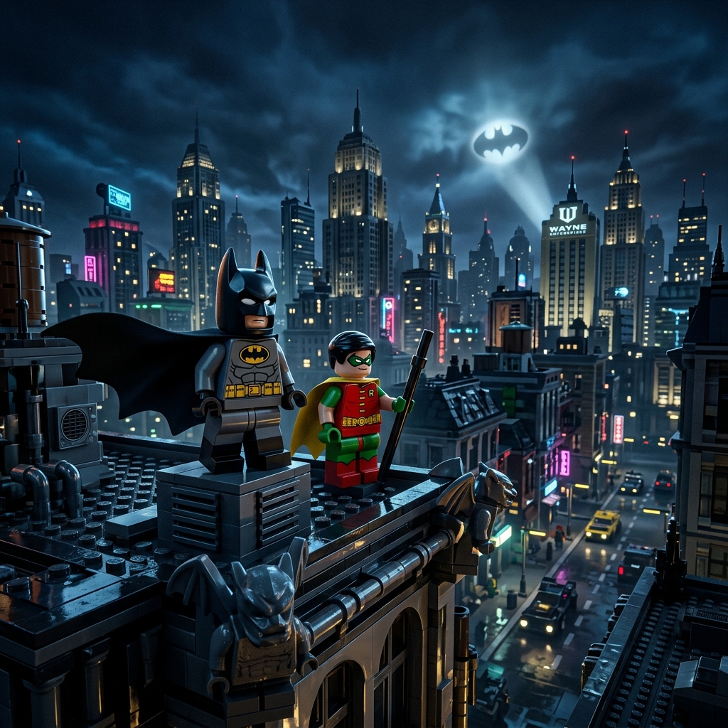 Cena do jogo LEGO Batman: Legacy of the Dark Knight com blocos de LEGO detalhados e reflexos realistas, mostrando o potencial do Ray Tracing.