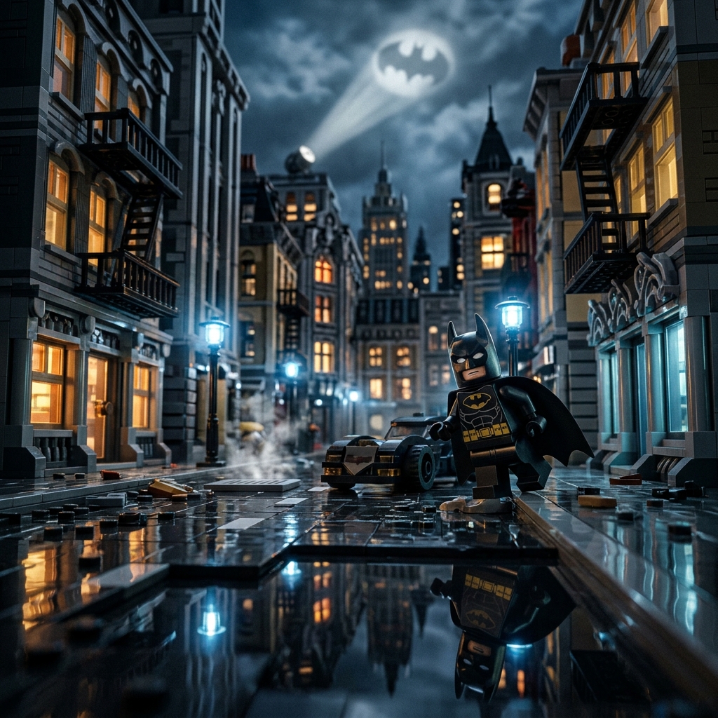 Cena do jogo LEGO Batman: Legacy of the Dark Knight com blocos de LEGO detalhados e reflexos realistas, mostrando o potencial do Ray Tracing.
