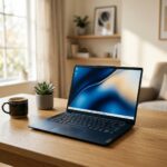Notebook Lenovo Yoga Slim 7x aberto sobre uma mesa de madeira em um escritorio minimalista moderno com iluminacao natural suave.